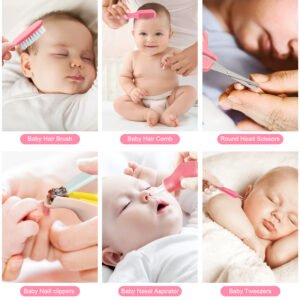 About this item 13 in 1 Baby Grooming Kit - 13 in 1 baby grooming kit includes a baby hair brush and comb,baby nail file, baby nail clippers, silicone brush, baby tongue cleaner, medicine dropper, baby nail scissors, silicone tooth cleaner, baby nasal aspirator,baby tweezers, measuring spoon, etc. Meeting baby's daily needs—The best baby necessities/stuff for newborns. Safe and Environmental Baby Grooming Kit - The baby care kit is made of premium stainless steel and BPA-free plastic. 1.Silicone tooth cleaner can help babies clean food residues on teeth and tongue. 2.Small scissors with round blades will not poke the baby 3.With the scale on the medicinal feeding spoon and dropper, more accurate and easy to feed the baby. Intimate Design for Babies - Small and flexible tip of the nasal aspirator is more suitable for the baby’s nose; the curved nail clipper design makes manicure safer and faster; the dropper more medicine Accurate; soft goat hair nursing brushes more comfortable to babies. Perfect baby healthcare and grooming kit provide your baby with the best daily care Compact and Portable - It is lightweight and comes with a Tote bag to organizer well. Convenient carrying and especially suitable for using at home or outgoing and traveling. Baby Essential Gift Set - Our baby newborn gift set is the ideal present for expecting mums or first-time parents. Practical and Creative gifts! Silicone Finger Toothbrush The baby toothbrush is soft and safe, suitable for babies to stick to the adult index finger when cleaning the baby’s mouth.It is necessary for baby develop good oral care. Medicine Dropper It's more convenient to take medicine for your baby. Baby Hair Brush &Comb The Gentle Care Brush with comfort grip and soft bristles.